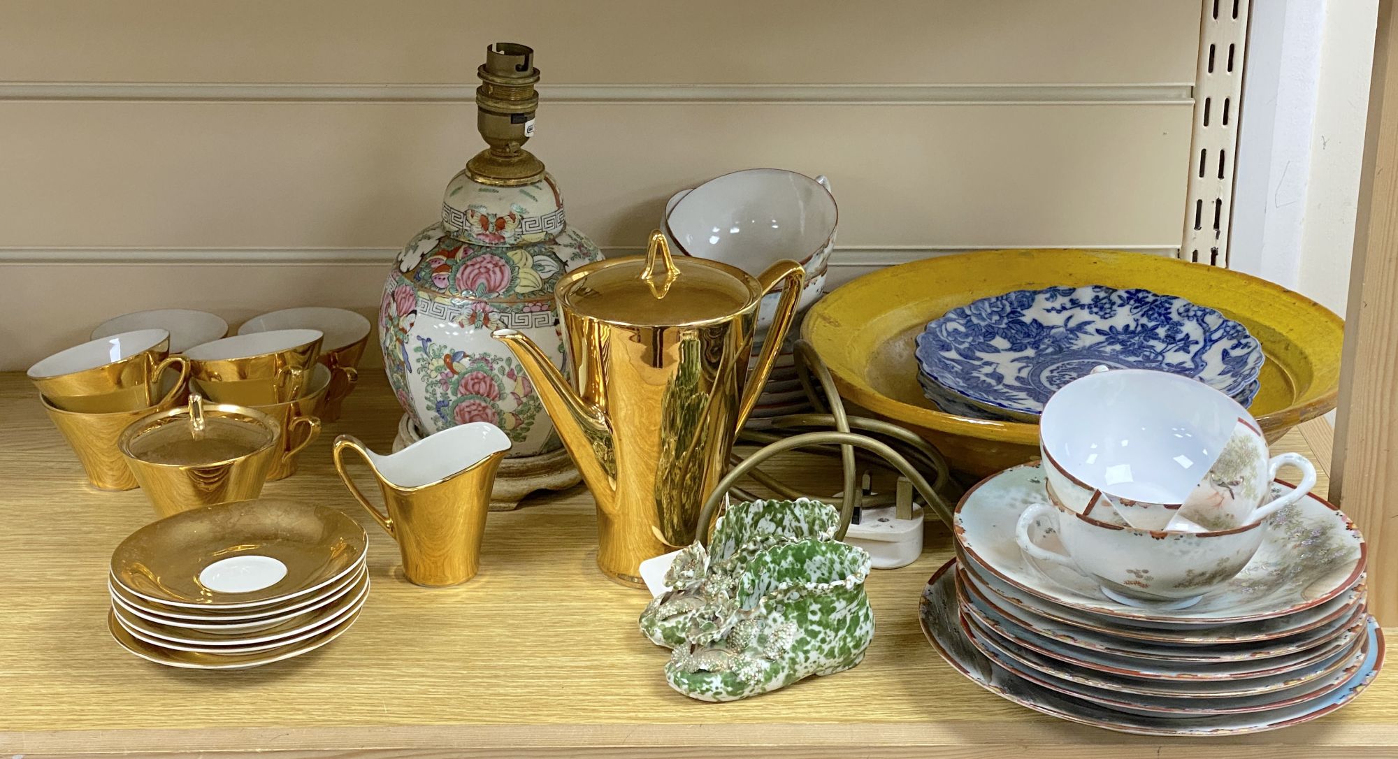 A Chinese famille rose lamp, a German gilt coffee set and sundries